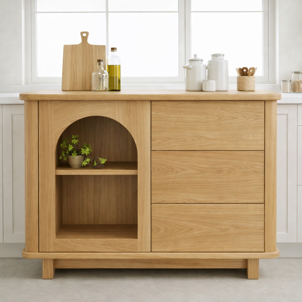 Solid Walnut Kitchen Island with Arched Open Shelf & Drawer Storage