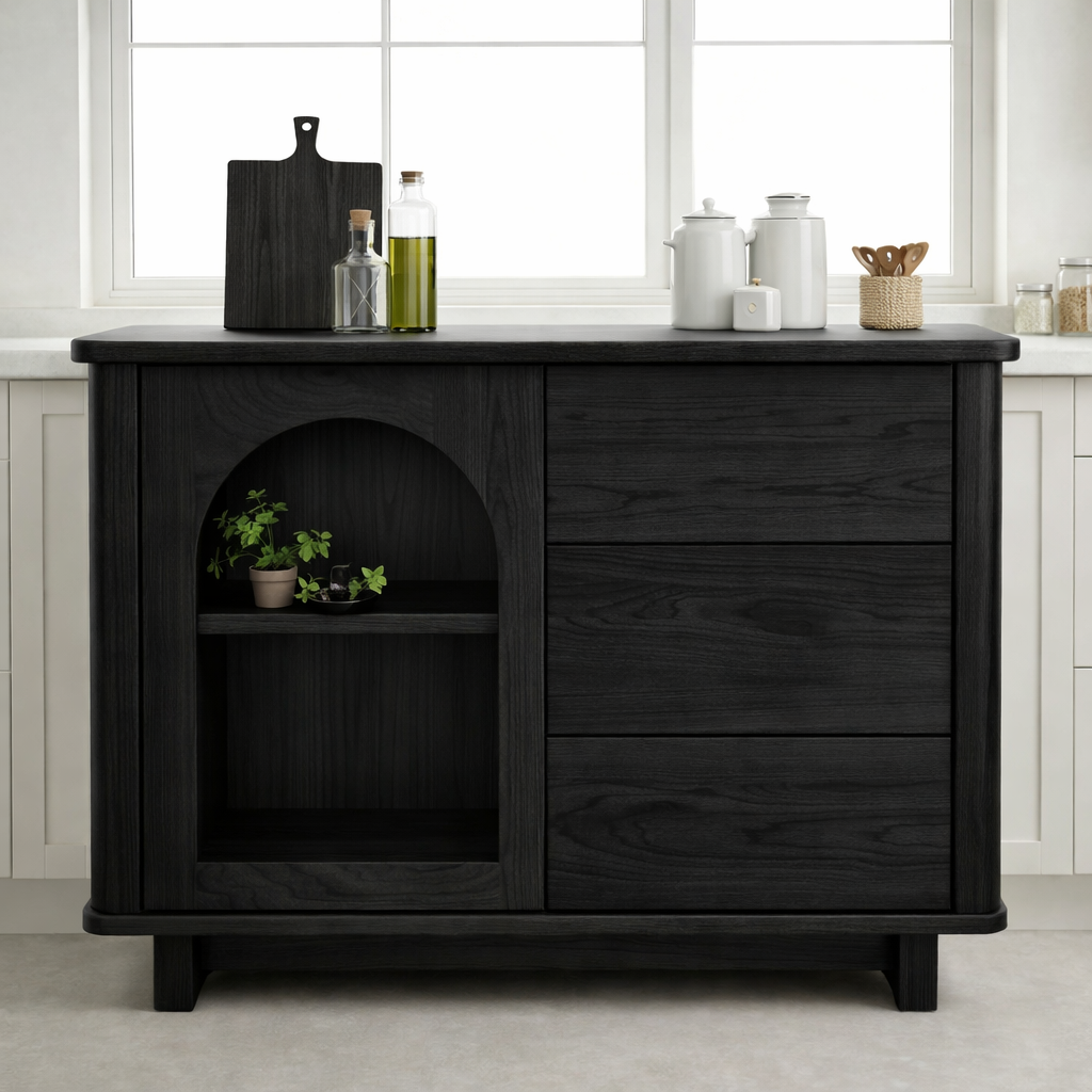 Solid Walnut Kitchen Island with Arched Open Shelf & Drawer Storage