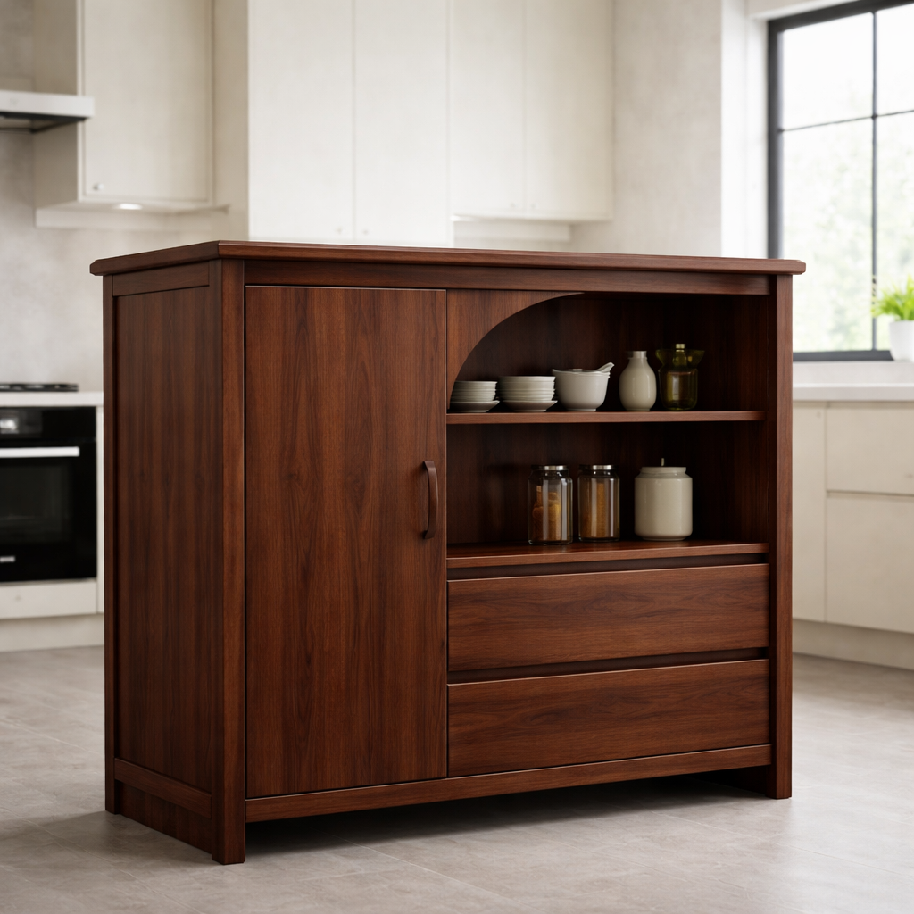 Solid Oak Kitchen Island with Arched Open Shelf & Drawer Storage