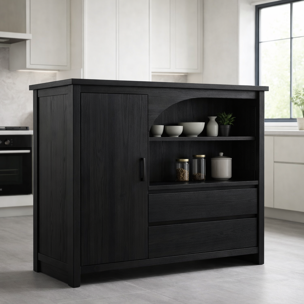 Solid Oak Kitchen Island with Arched Open Shelf & Drawer Storage