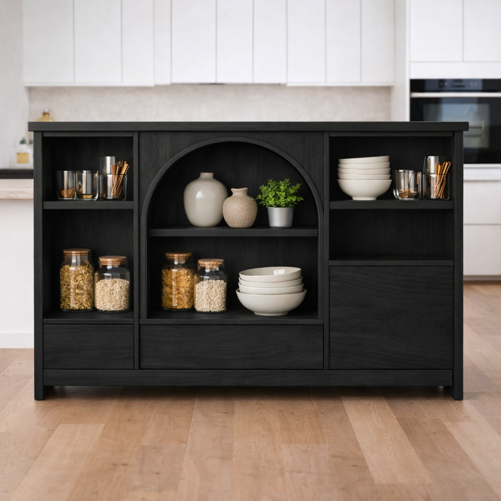 Solid Walnut Kitchen Island with Arched Center Shelf & Open Storage