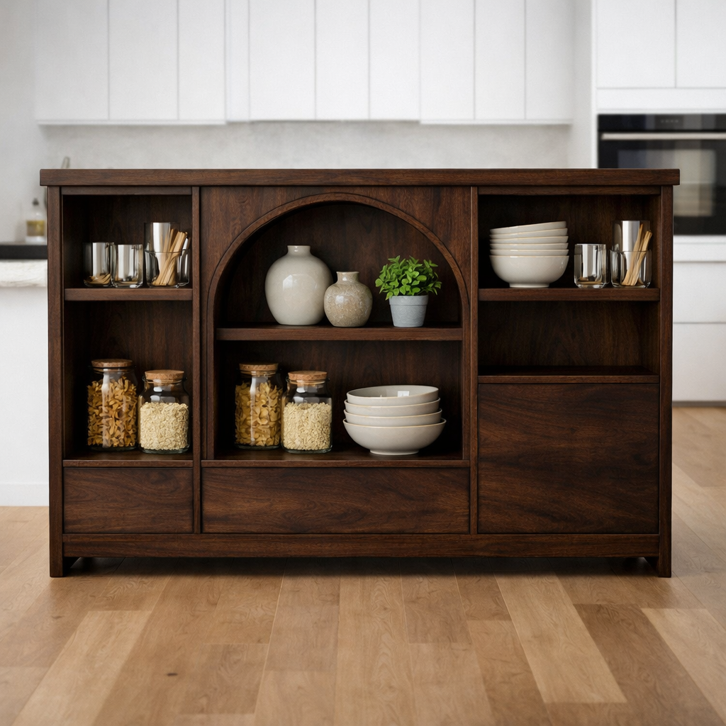 Solid Walnut Kitchen Island with Arched Center Shelf & Open Storage