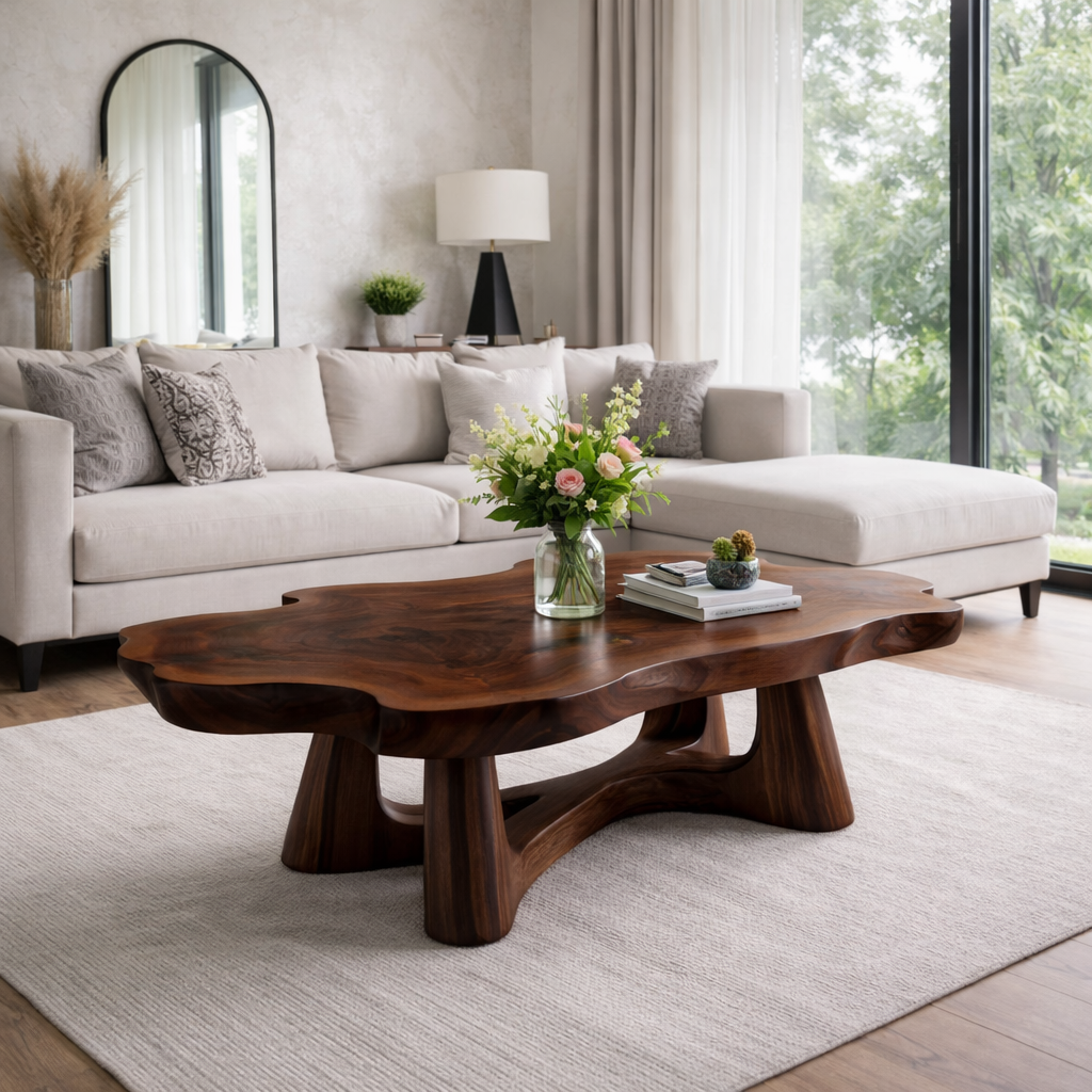 Solid Wood Live Edge Coffee Table with Sculptural Base and Organic Curved Design