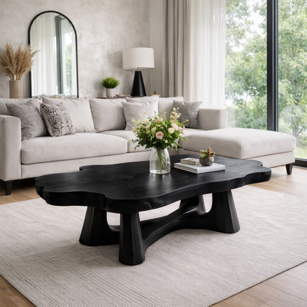 Solid Wood Live Edge Coffee Table with Sculptural Base and Organic Curved Design