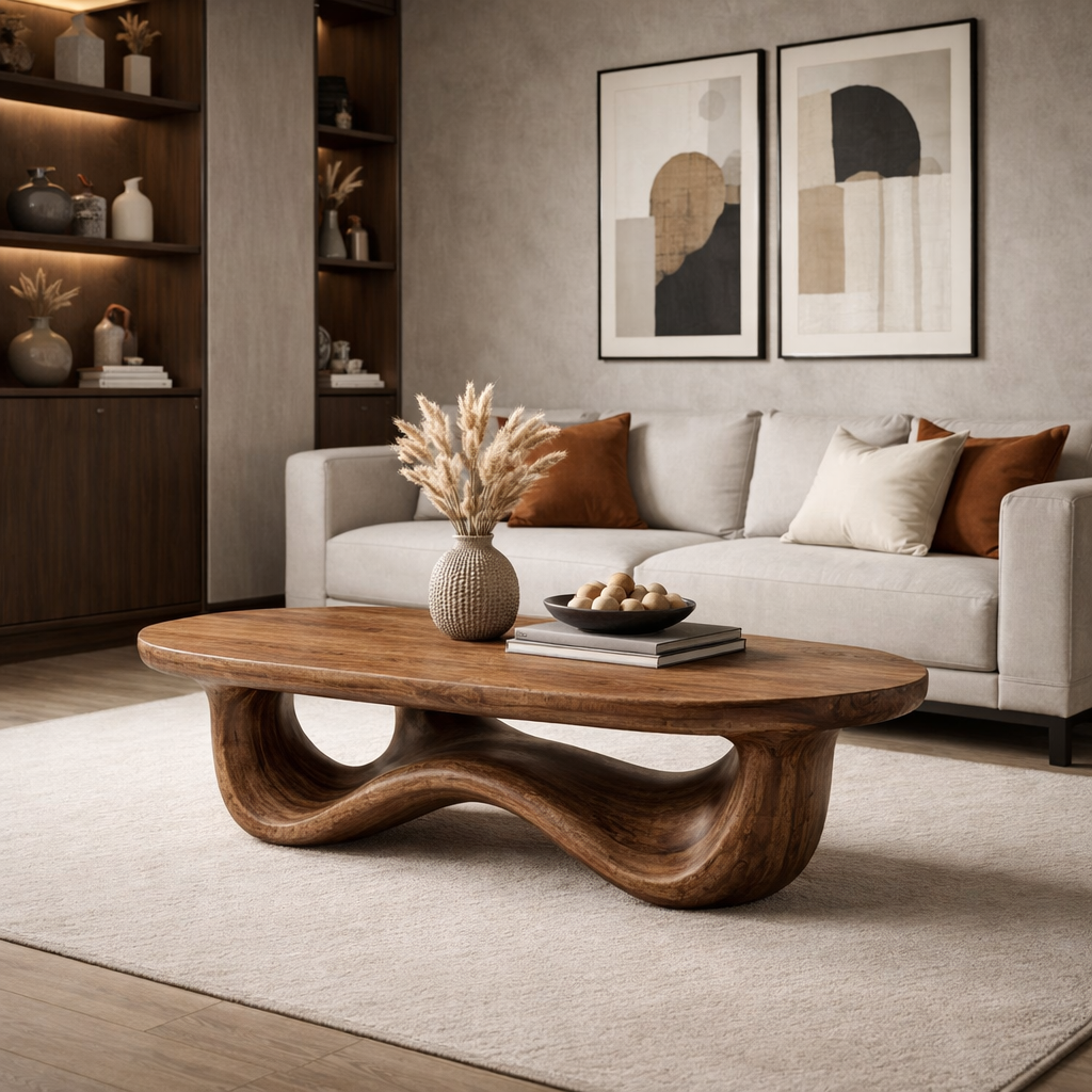 Solid Wood Oval Coffee Table with Sculptural Wave Base and Rustic Walnut Finish