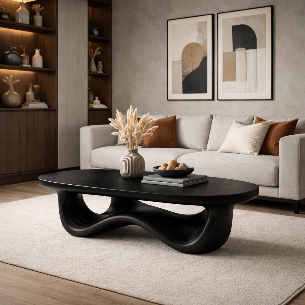 Solid Wood Oval Coffee Table with Sculptural Wave Base and Rustic Walnut Finish