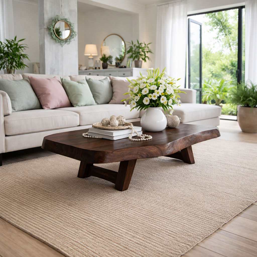 Solid Wood Coffee Table with Live Edge Top and Sculptural Base