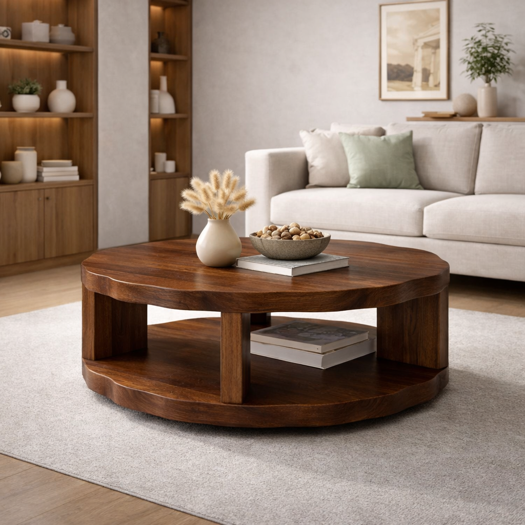 Round Solid Wood Coffee Table with Storage Shelf and Thick Slab Design