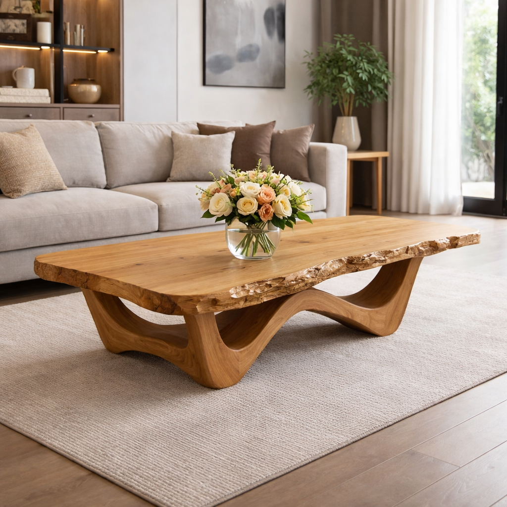 Live Edge Solid Wood Coffee Table with Sculptural Base and Natural Grain