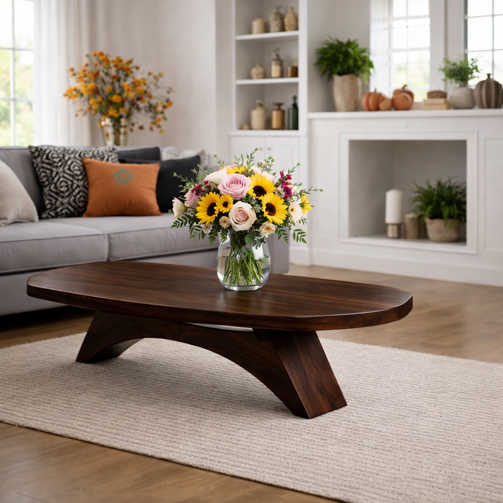 Solid Wood Coffee Table with Sculptural Base and Organic Live Edge Design