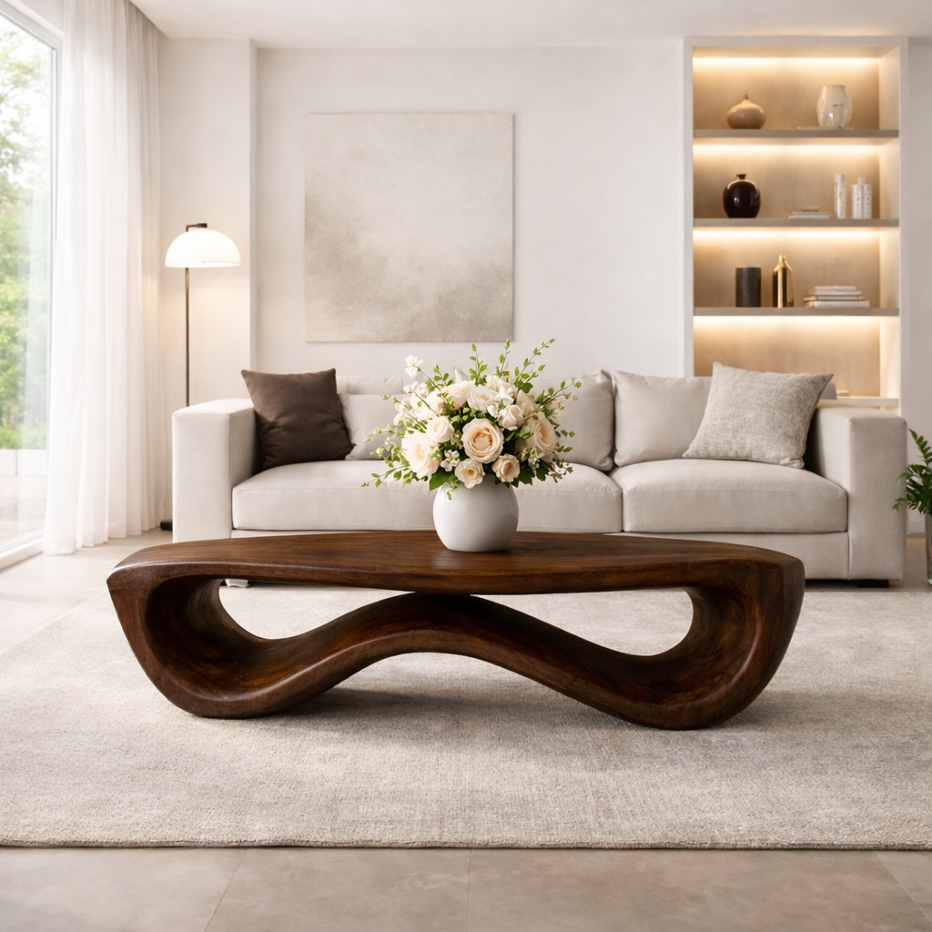 Organic Solid Wood Coffee Table with Sculptural Wave Base and Natural Finish