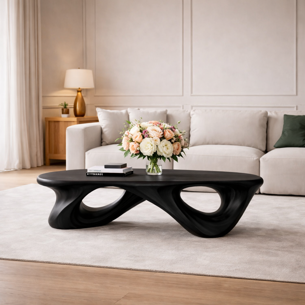 Handcrafted Solid Wood Coffee Table with Sculptural Open Loop Base