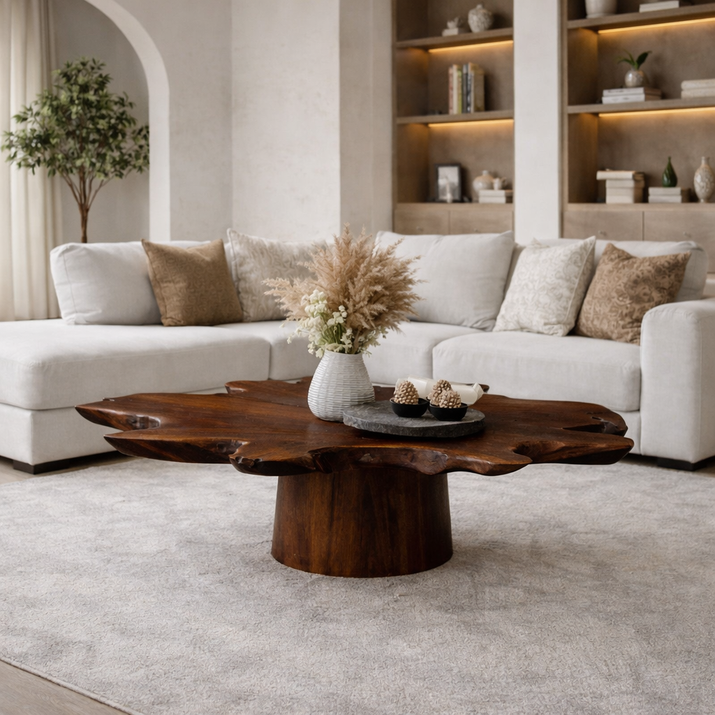 Solid Wood Live Edge Coffee Table with Thick Slab Top & Pedestal Base