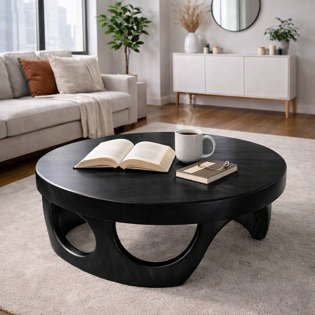 Round Solid Wood Coffee Table with Sculptural Base and Rich Walnut Finish