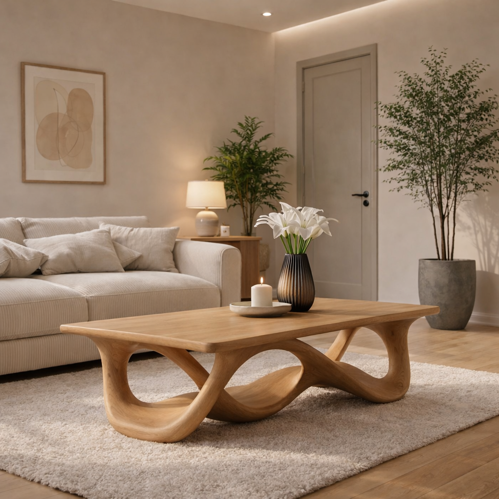 Solid Wood Coffee Table with Sculptural Wave Base in Light Oak Finish