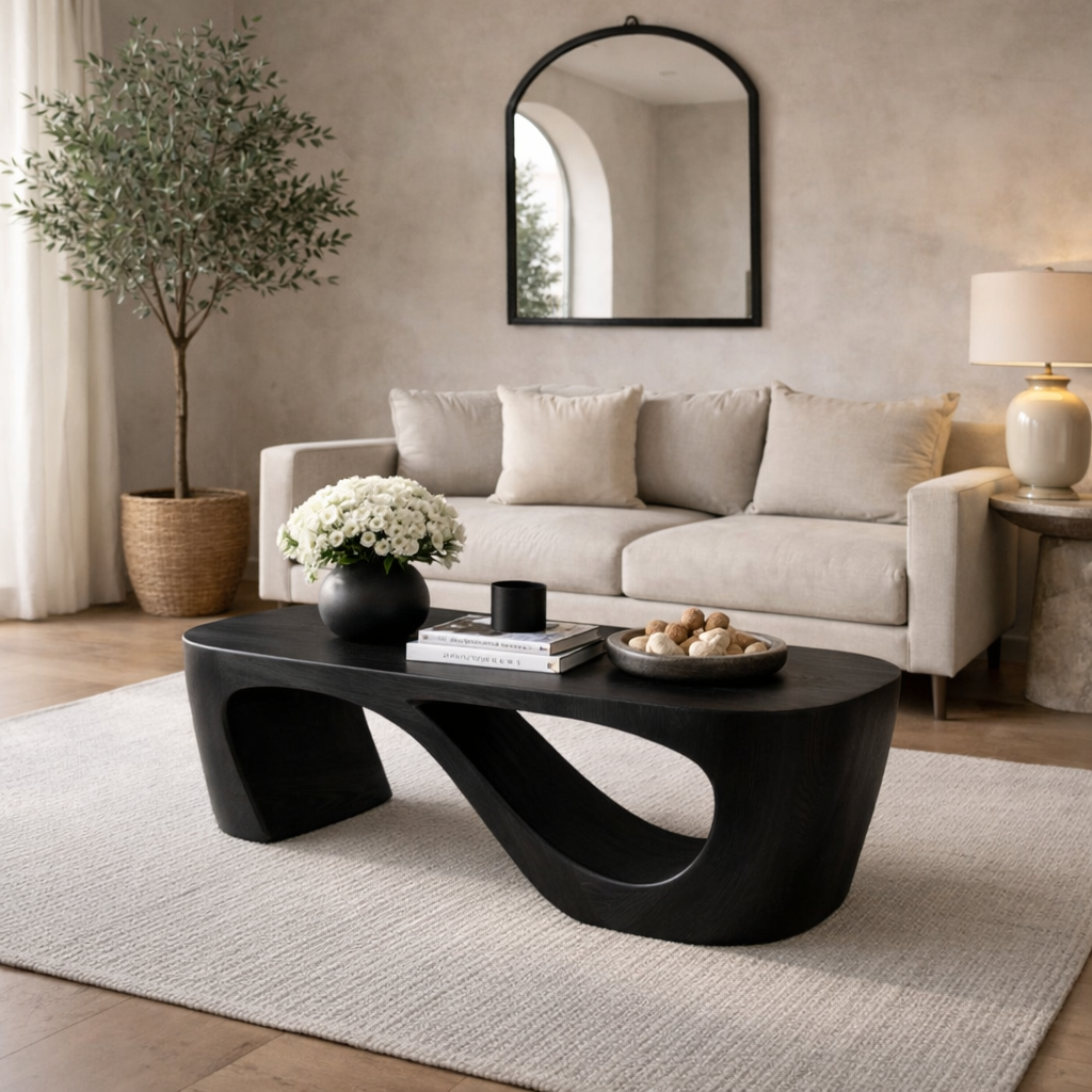 Solid Wood Coffee Table with Sculptural Curved Base and Organic Minimal Design