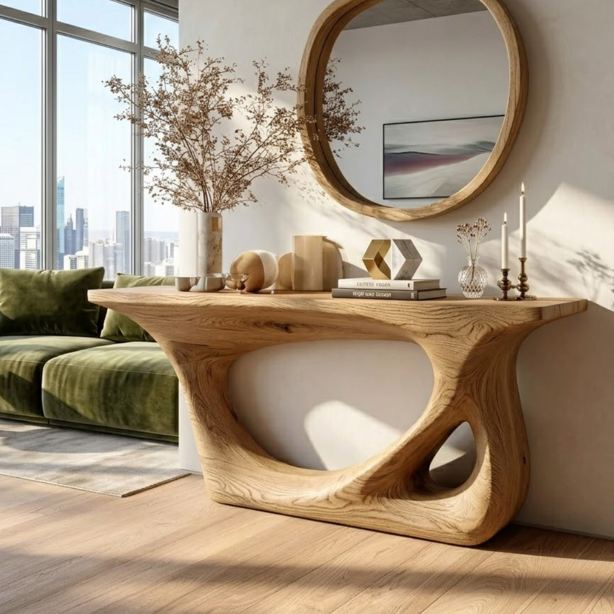 Modern Wooden Console Table with Round Mirror and Elegant Decor