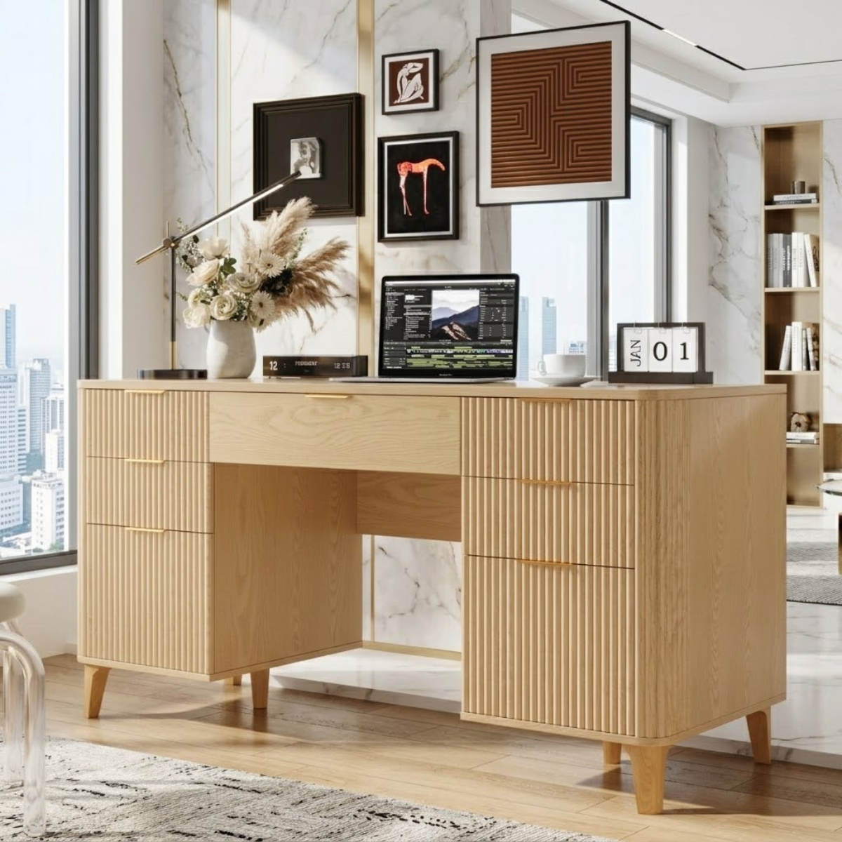 Modern Fluted Executive Desk with Drawers, Large Minimalist Home Office Writing Table