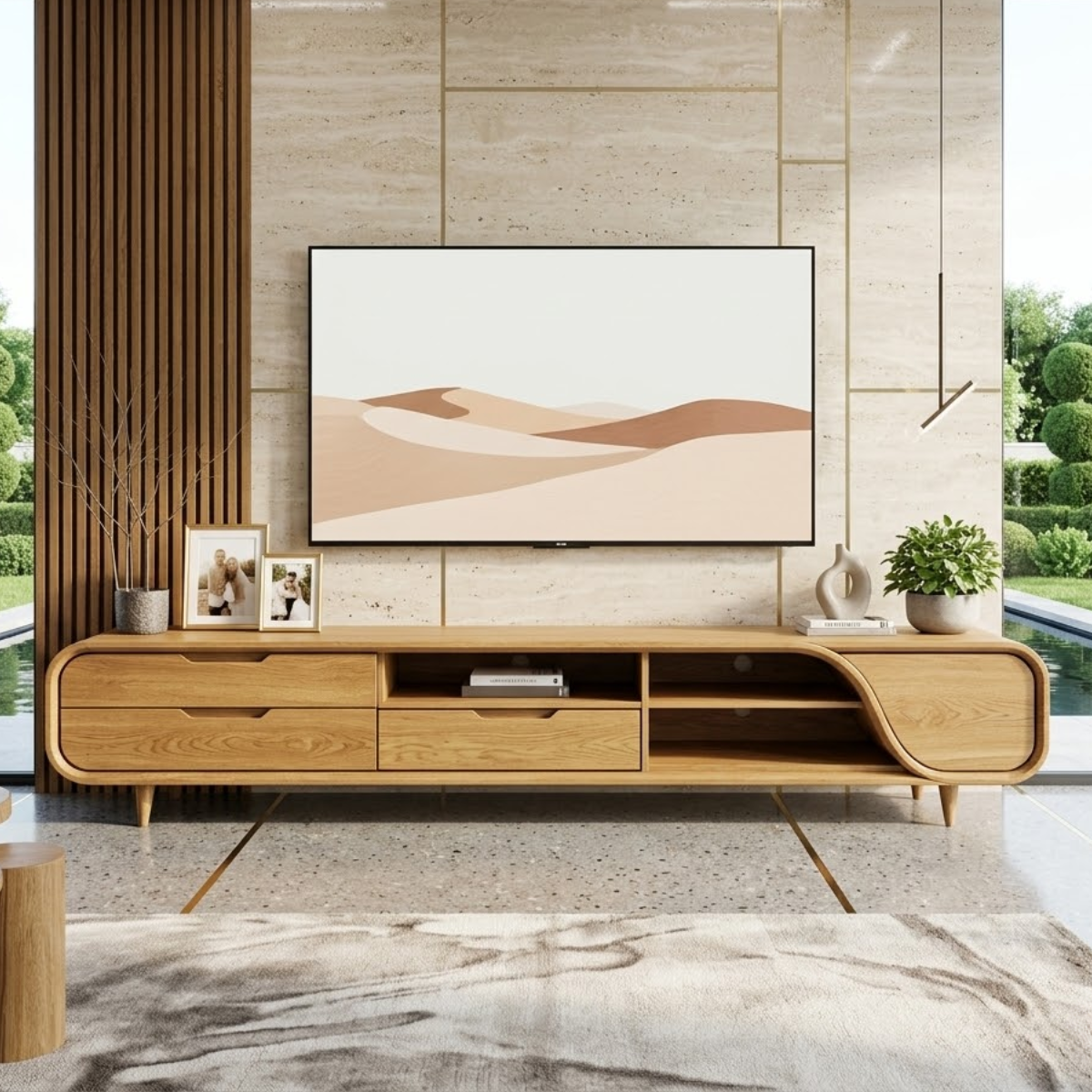 Modern Curved Entertainment Console, Sculptural Media Stand for Sophisticated Homes