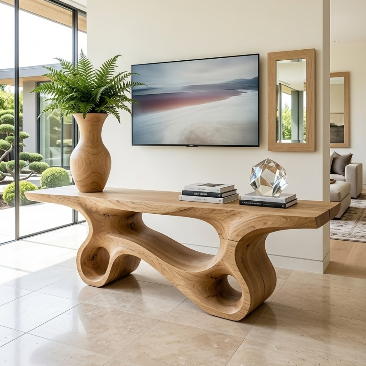 Solid Wood Console Table with Sculpted Curved Design, Modern Minimalist Furniture