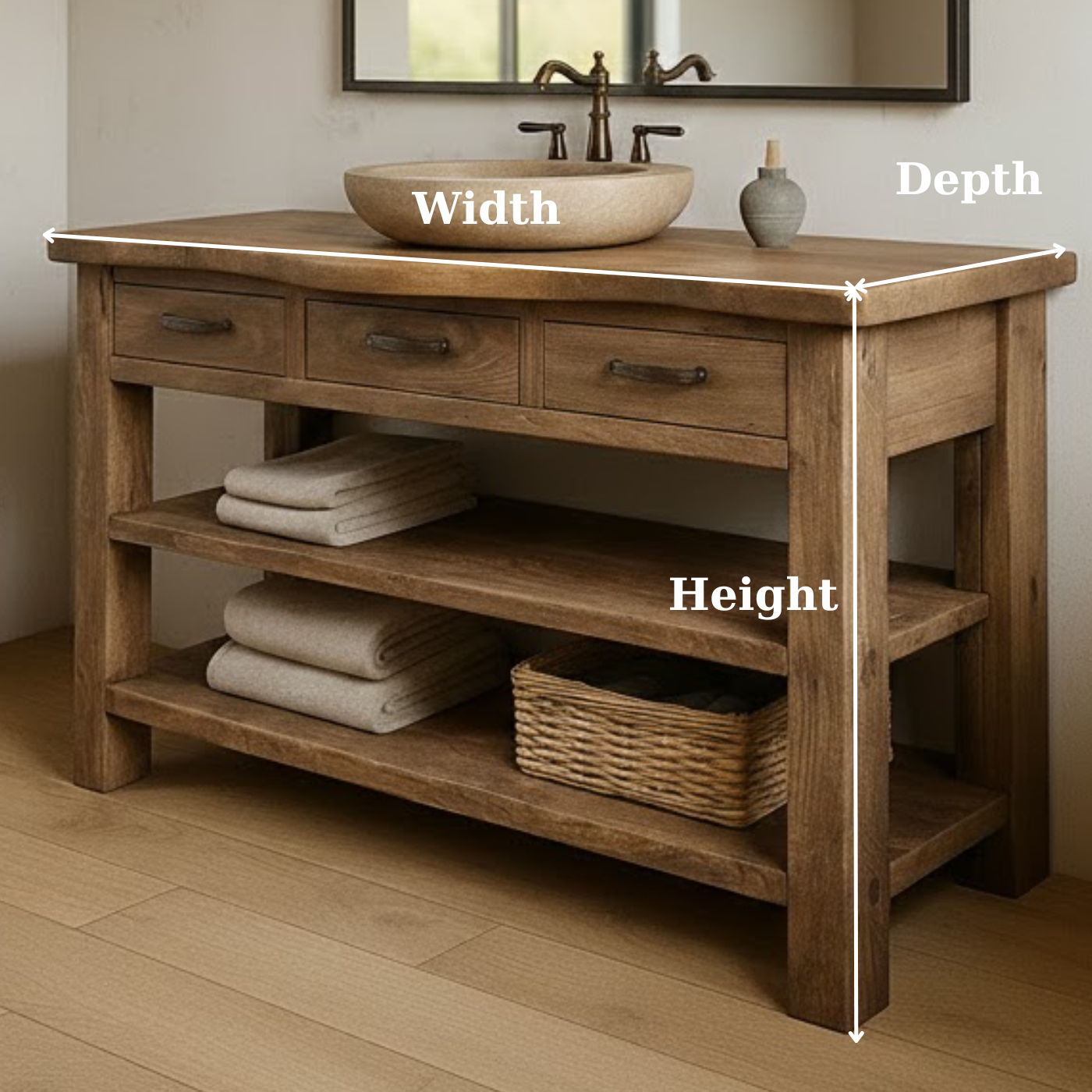 Solid Wood Bathroom Vanity with Three Drawers and Double Open Shelving
