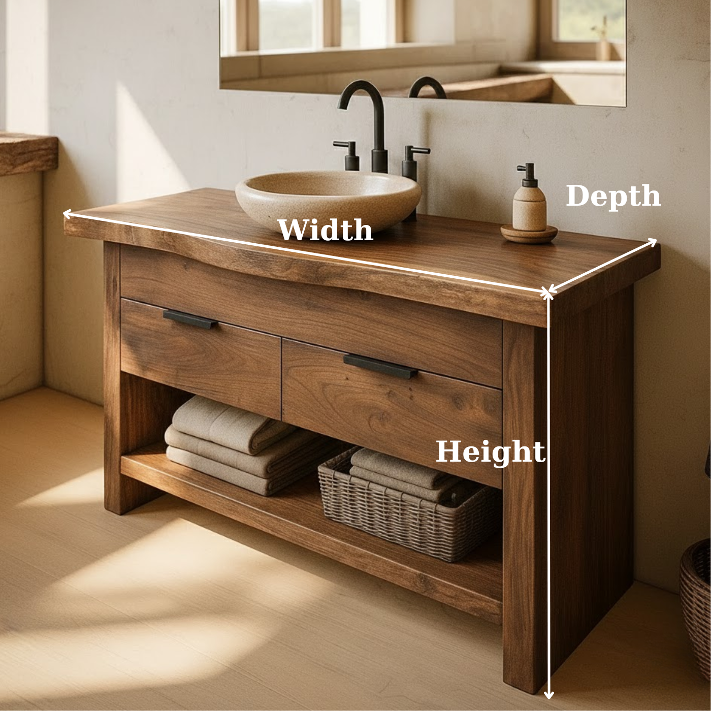 Modern Solid Wood Bathroom Vanity with Double Drawers and Open Bottom Shelf