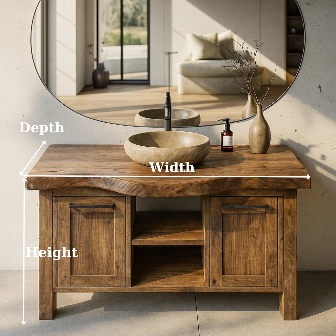 Solid Wood Bathroom Vanity with Double Door Cabinets and Open Center Shelf