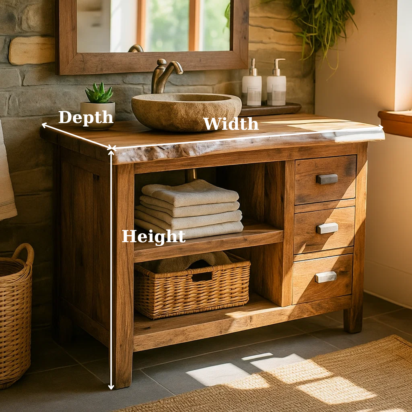 Rustic Solid Wood Live Edge Bathroom Vanity with Open Shelf and Three Drawers