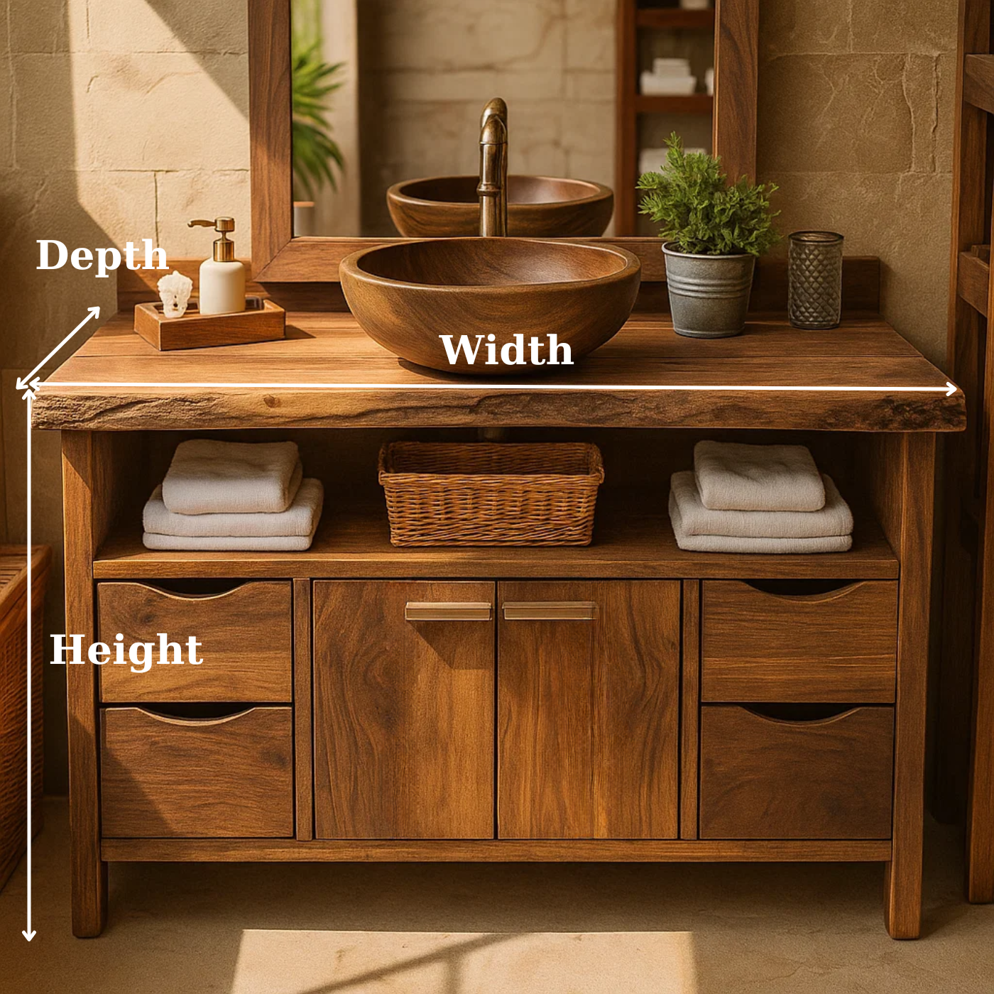 Rustic Solid Wood Bathroom Vanity Cabinet with Multi-Drawer Storage and Open Shelf