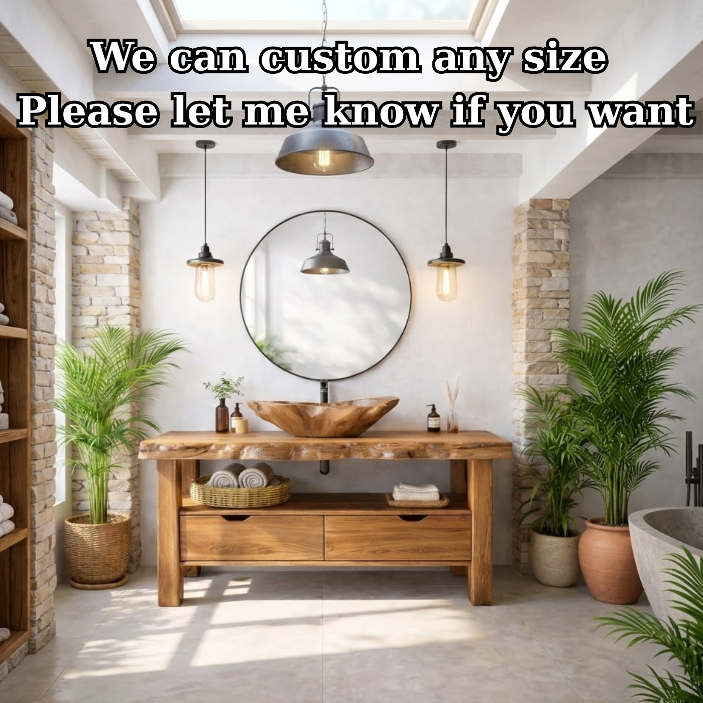 Solid Wood Bathroom Vanity with Live Edge Countertop and Open Shelf – Rustic Modern Bathroom Cabinet