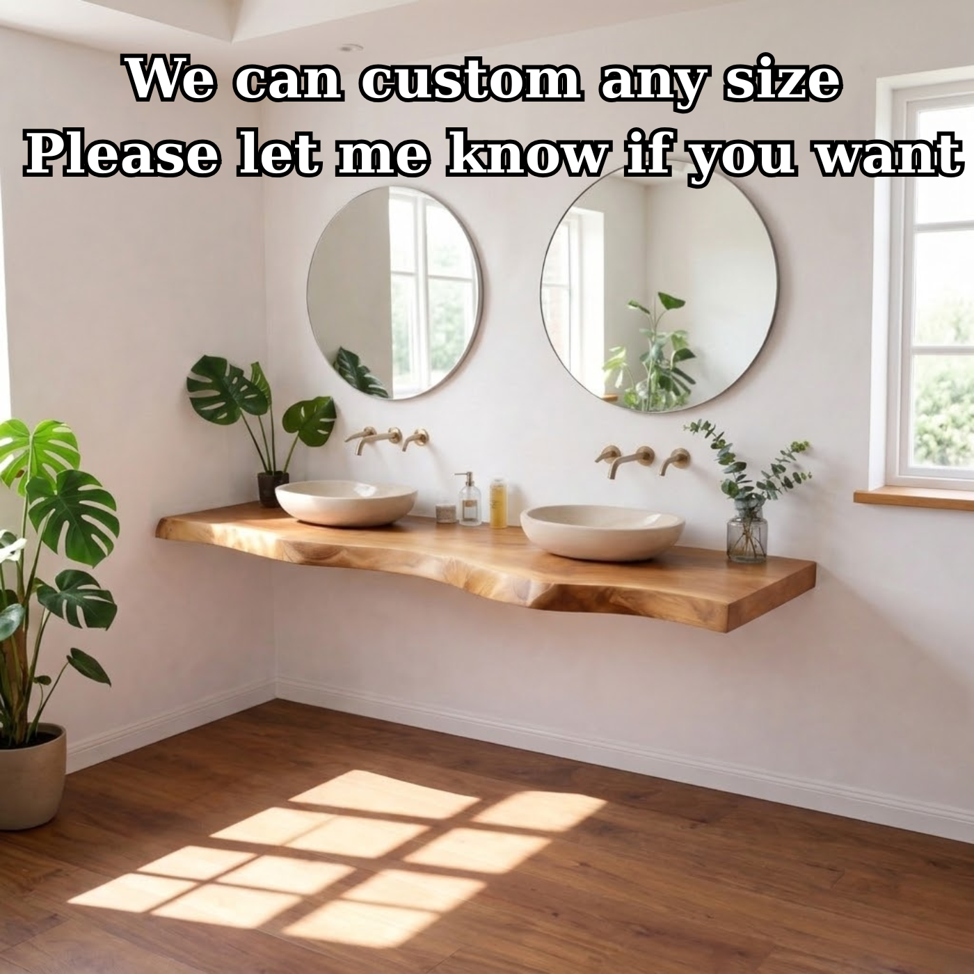 Floating Live Edge Solid Wood Double Sink Bathroom Vanity Top – Rustic Wall Mounted Wood Countertop