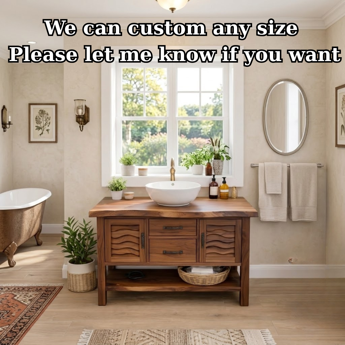 Solid Wood Bathroom Vanity with Sculpted Wave Doors and Open Shelf
