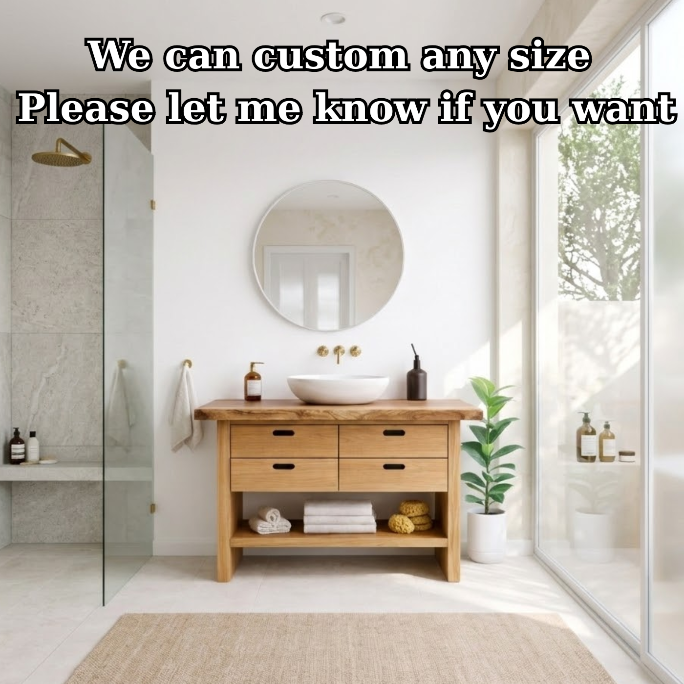 Solid Wood Bathroom Vanity Cabinet with Live Edge Top, 4 Drawers and Open Storage Shelf