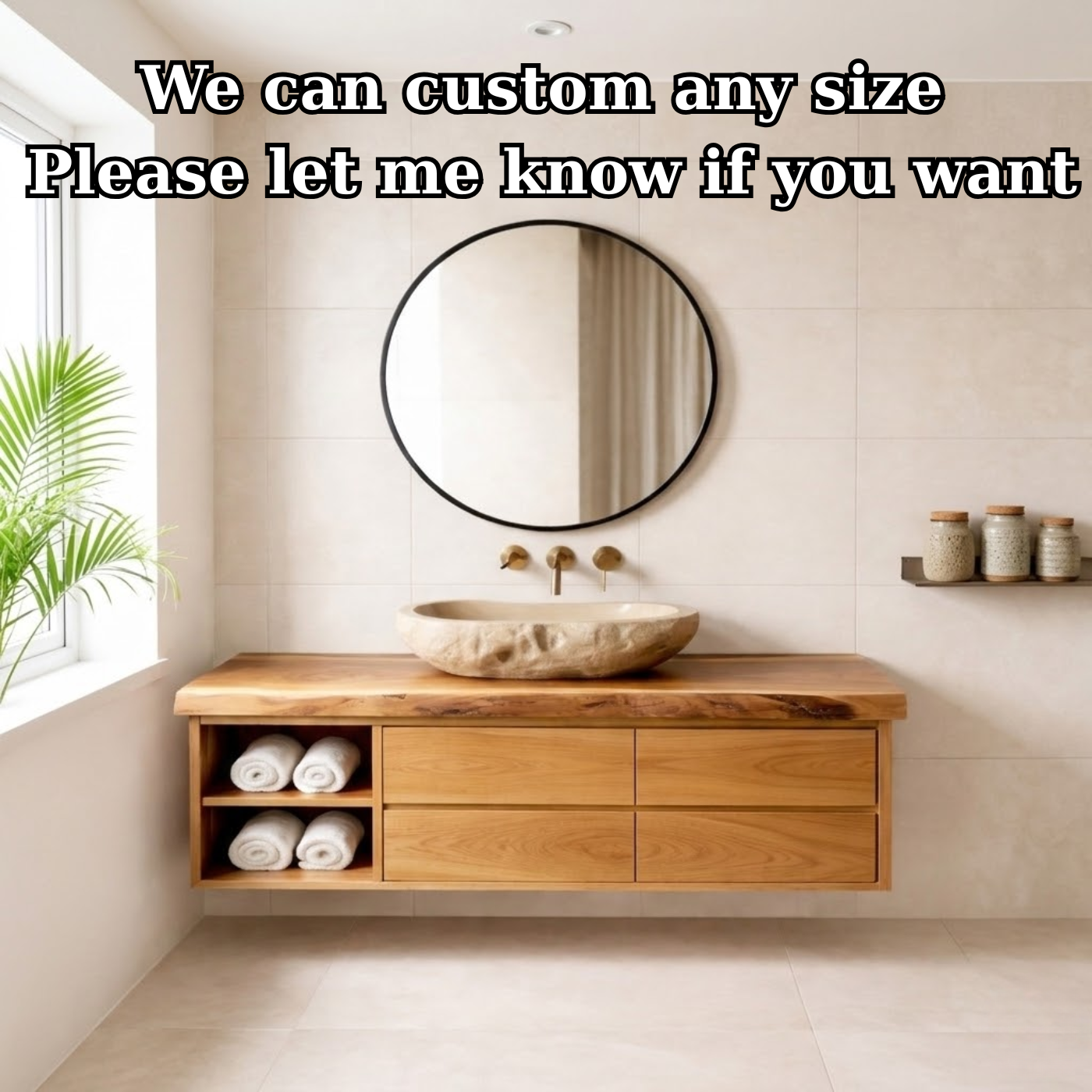 Floating Solid Wood Bathroom Vanity with Live Edge Countertop, Drawers and Open Storage