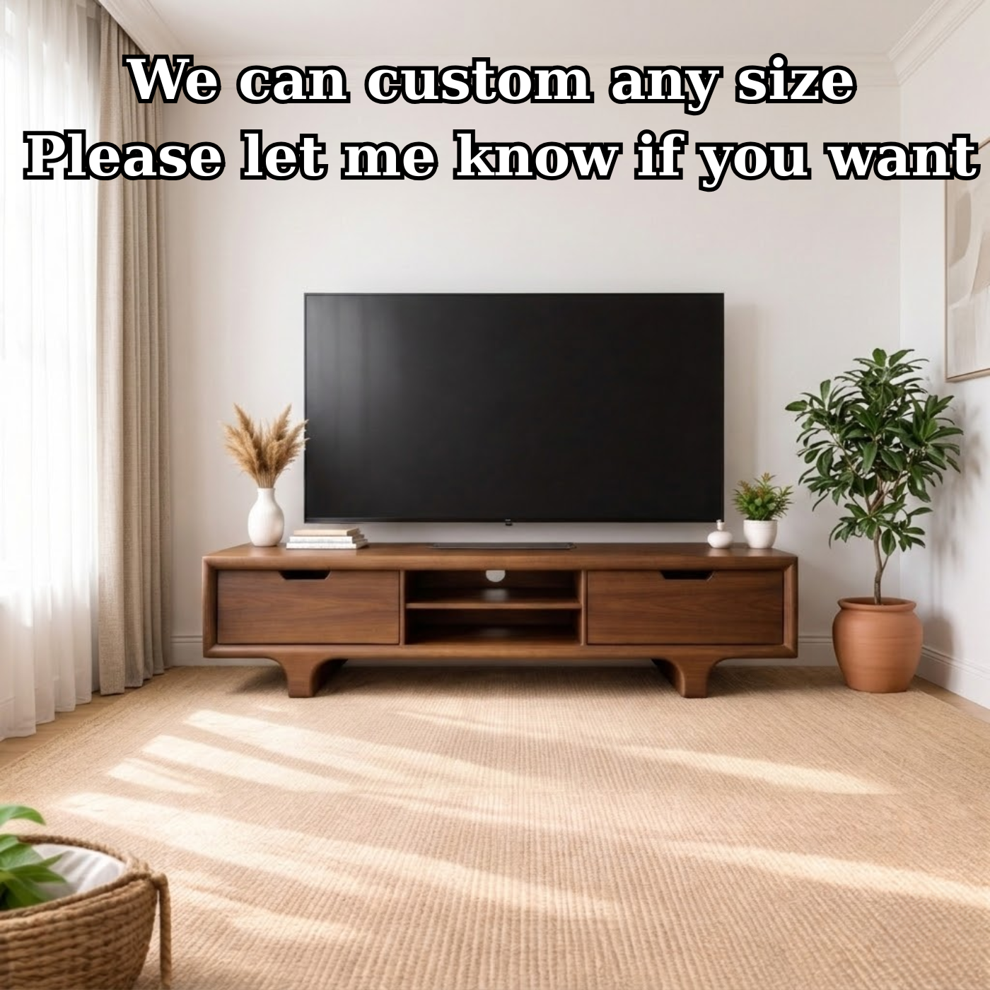 Mid Century Walnut Wood TV Stand with Drawers – Solid Wood Media Console Cabinet