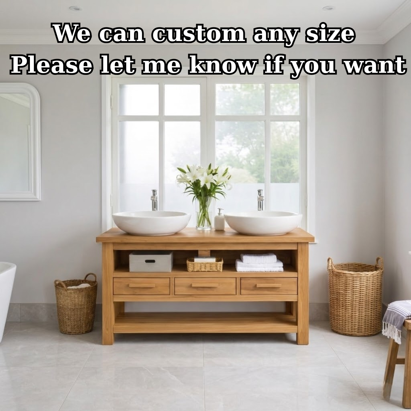Solid Oak Double Bathroom Vanity with Storage for Spacious Bathrooms