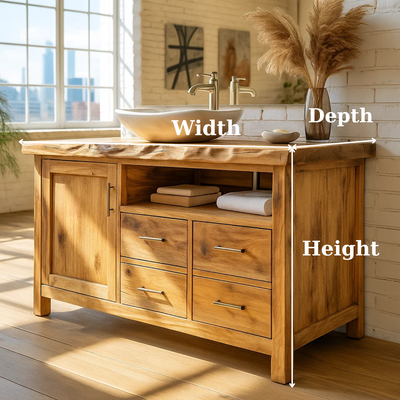 Solid Wood Live Edge Bathroom Vanity with 4 Drawers and Cabinet Door