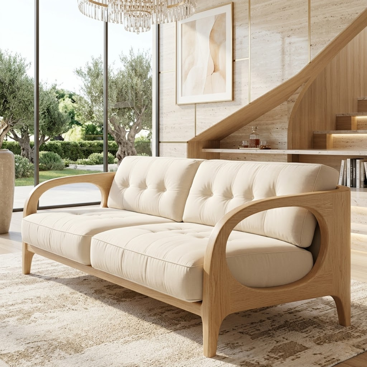 Curved Solid Wood Sofa with Cream Tufted Cushions Mid Century Modern Loveseat
