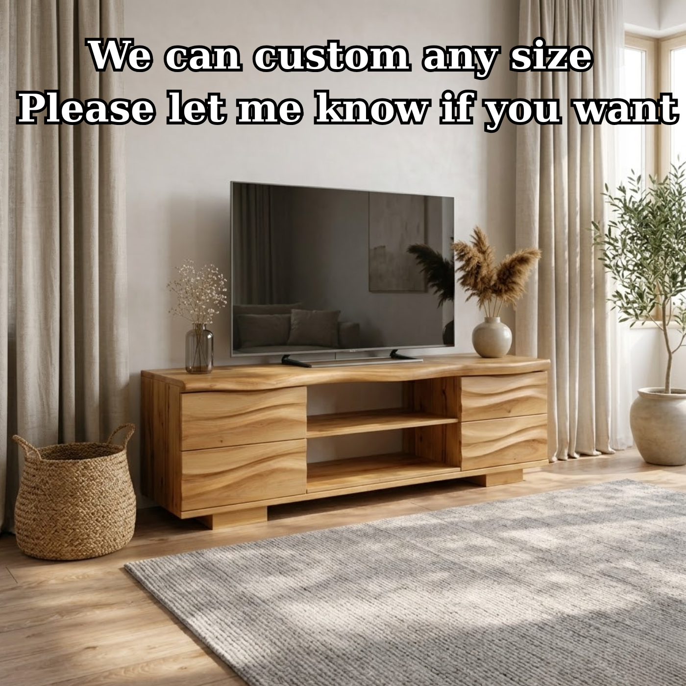 Solid Wood TV Stand with Drawers and Open Shelves for Natural Style Interiors