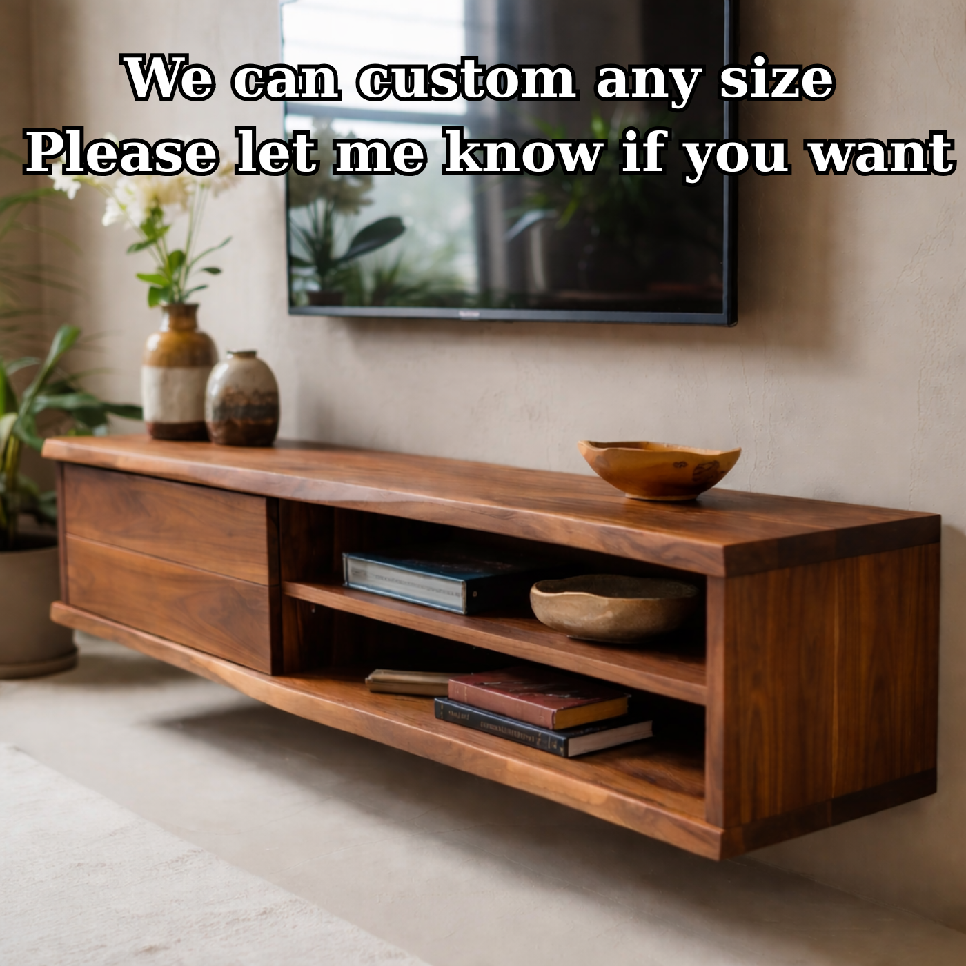 Floating Solid Wood TV Stand with Drawer and Open Shelves for Modern Living Rooms