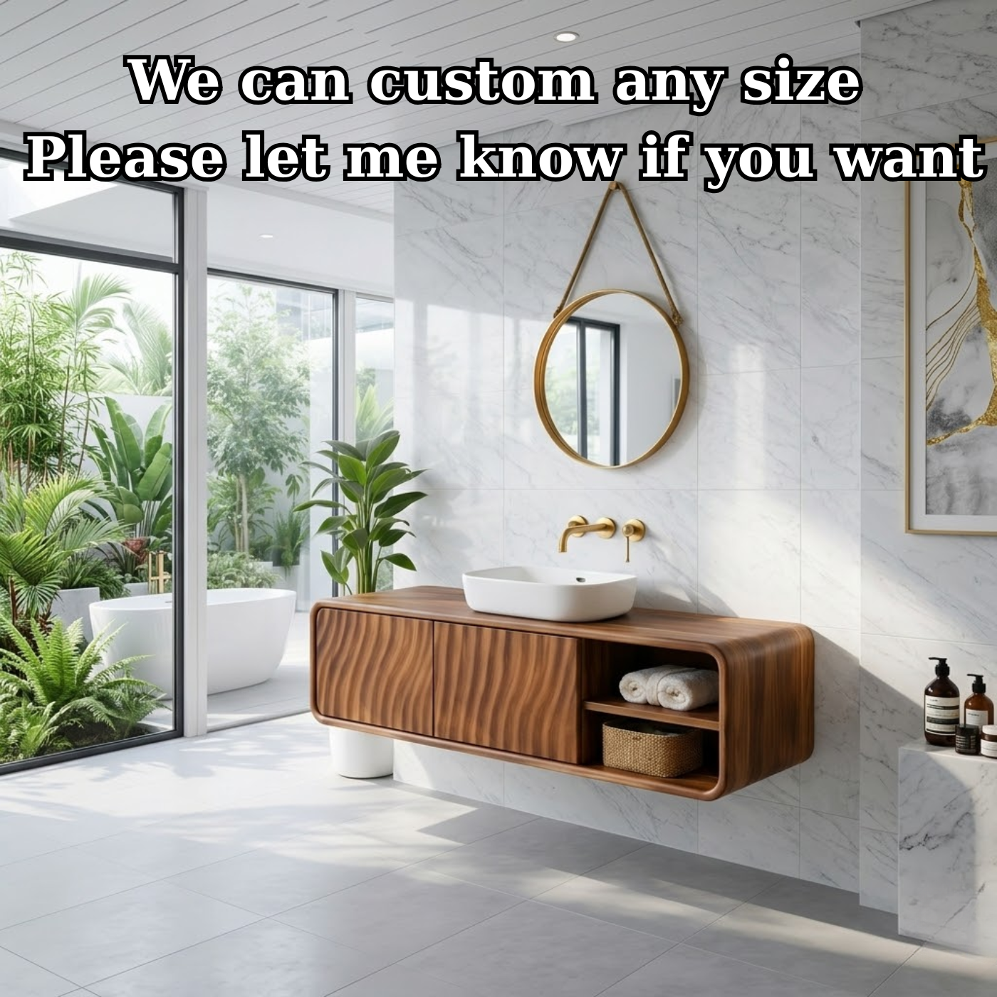 Modern Floating Solid Wood Bathroom Vanity with Wave Grain Cabinet Doors