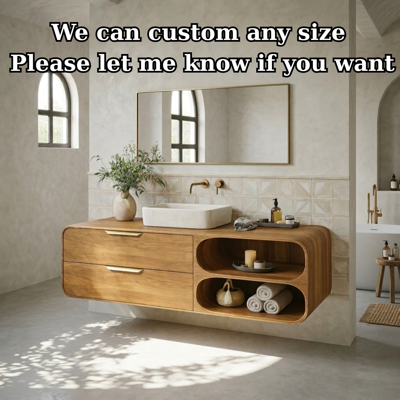 Floating Solid Wood Bathroom Vanity with Drawers and Open Curved Shelves for Modern Bathrooms