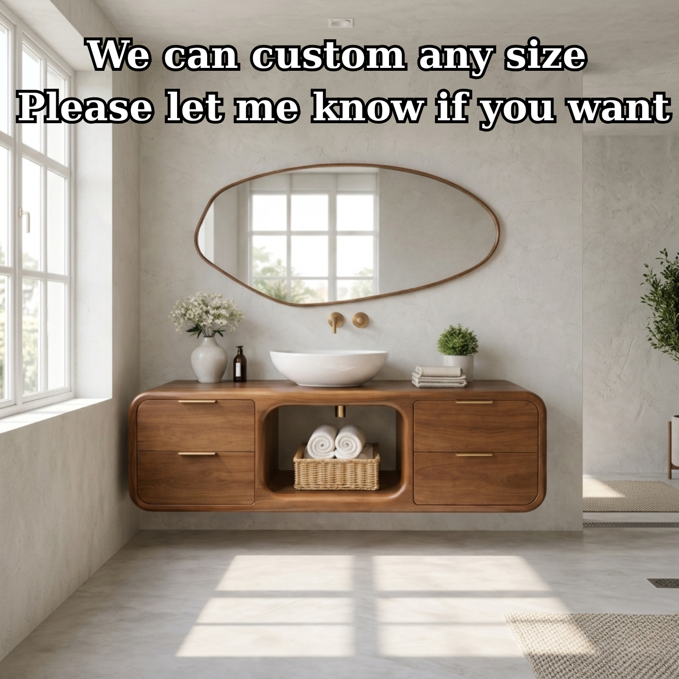 Modern Floating Solid Wood Bathroom Vanity with Open Center Shelf and Drawer Storage