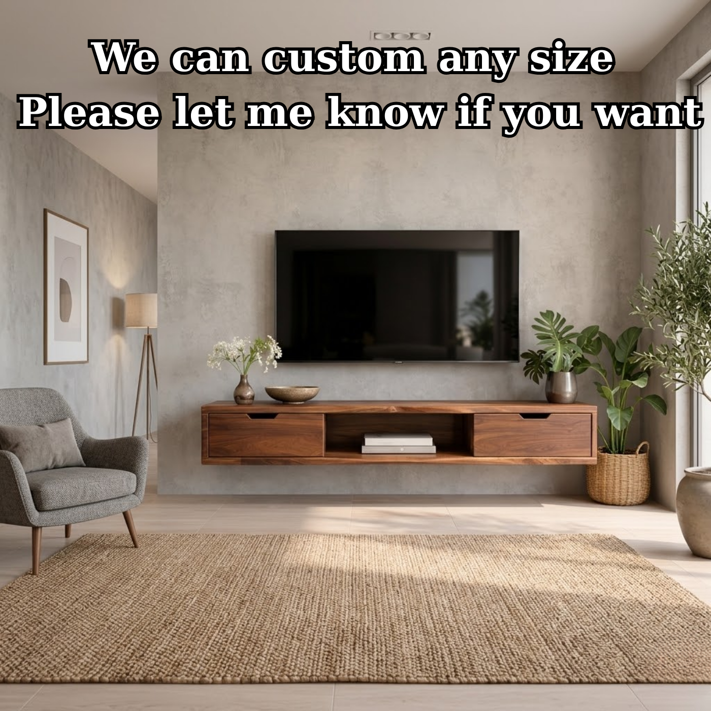 Floating Walnut Wood TV Stand with Drawers and Open Media Shelf