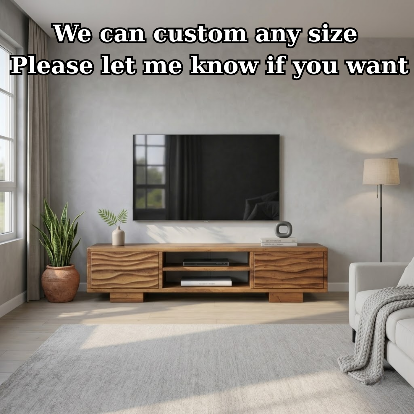 Modern Solid Wood TV Stand with Wave Front Drawers and Open Media Shelf