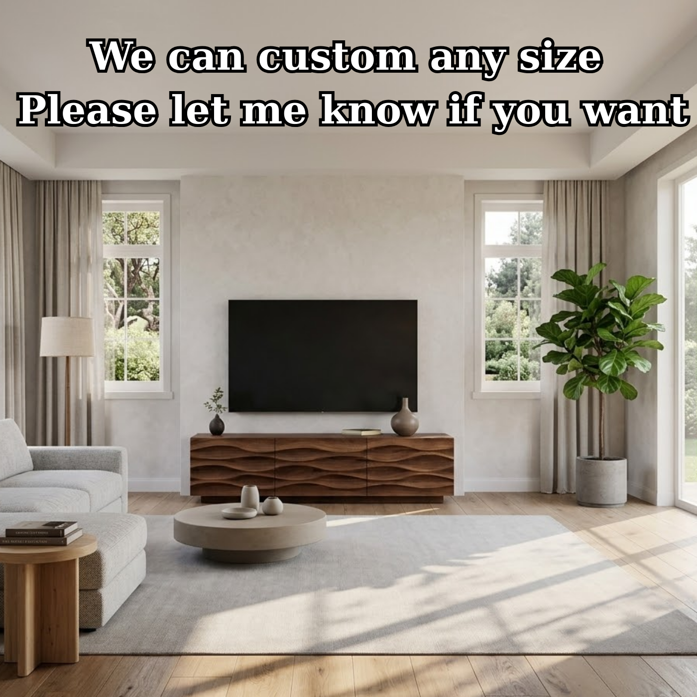 Modern Solid Wood TV Stand with Wave Front Design, Walnut Finish Media Console Cabinet