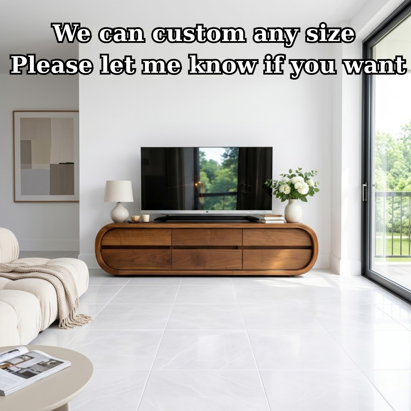 Solid Wood TV Stand with Drawers, Curved Modern Media Console Cabinet for Living Room