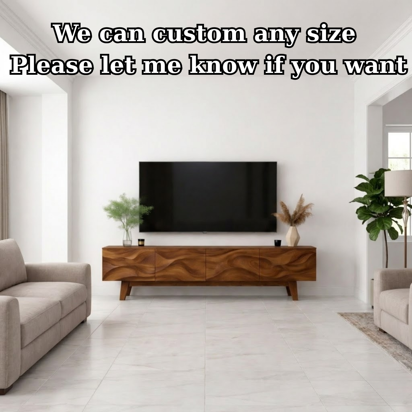 Wave Pattern Solid Wood TV Stand with Storage, Modern Media Console for Living Room
