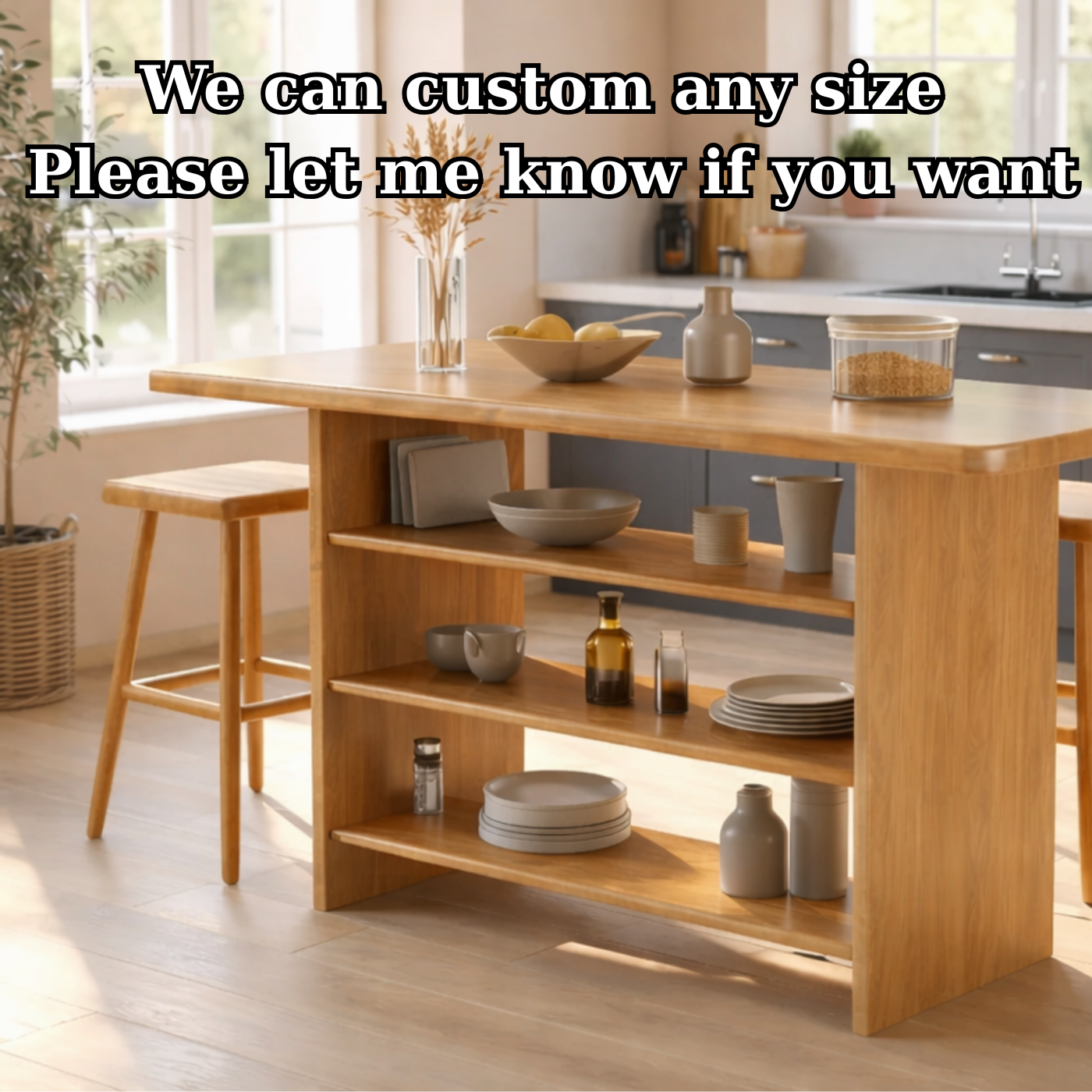 Solid Wood Kitchen Island with Open Storage Shelves and Kitchen Bar Table