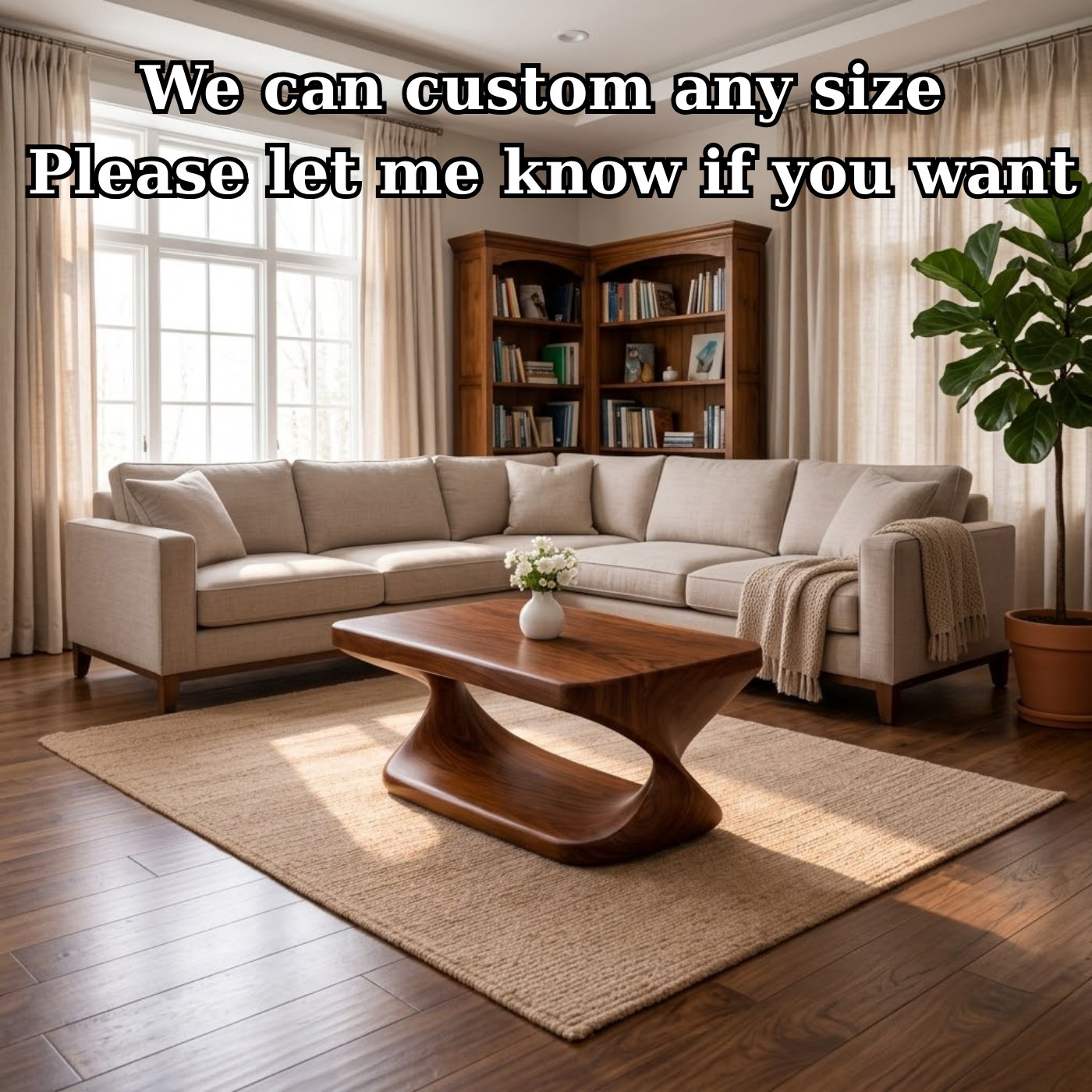 Modern Solid Wood Coffee Table with Sculptural Curved Base and Rectangular Wood Top
